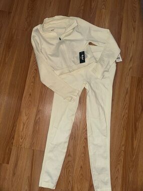 Cream Ribbed Two-Piece Set - Zipper Hoodie & Leggings